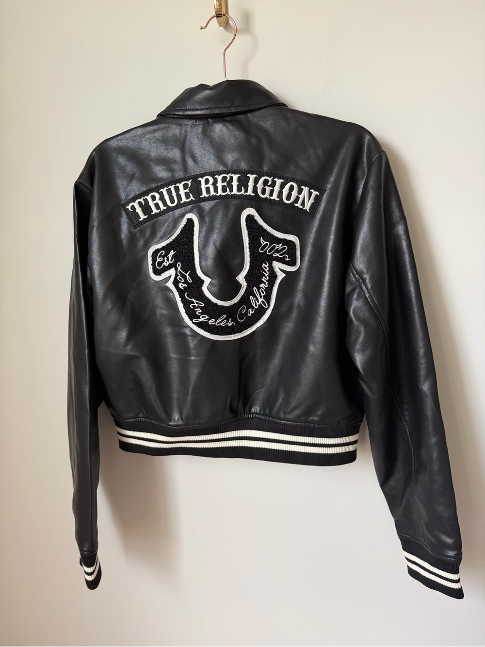 Black white Leather letterman bomber  Jacket with Embroidered back logo